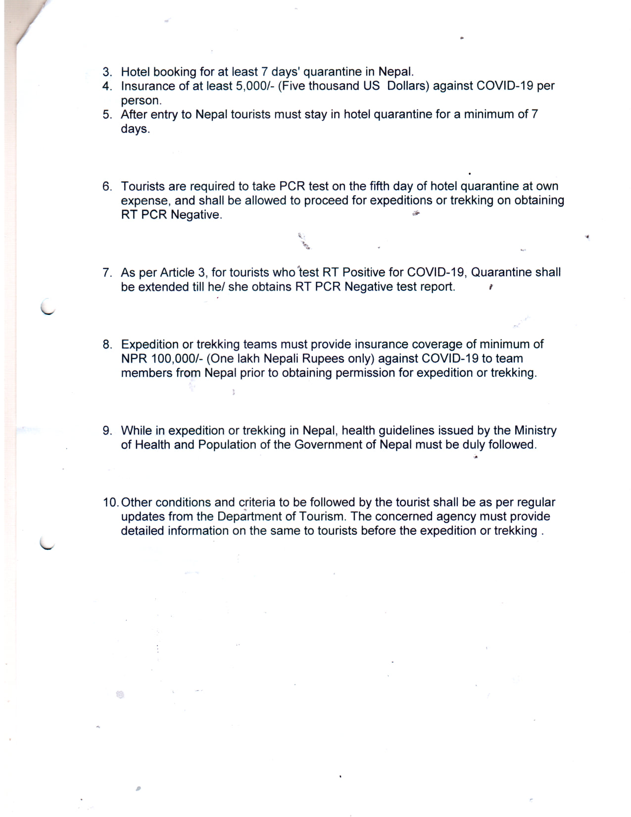 Notice for Entry protocol for Mountaineering Expeditions and Trekking